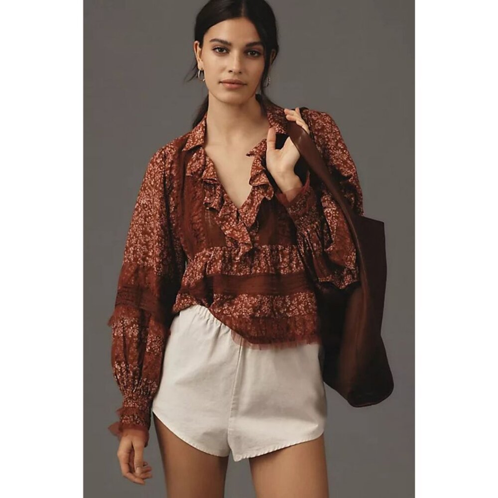 Anthropologie Ruffled V-Neck Popover Blouse Red Motif Size Large
